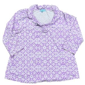 Anthony's Resort Wear Purple White Damask Print Ruffled Collar 3/4 Sleeve Top XL